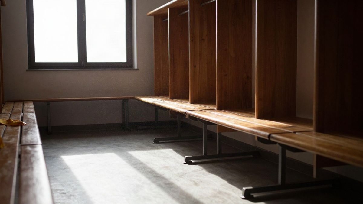 Imagen ilustrativa: banco de madera en un vestuario vacío junto a una ventana con luz lateral.