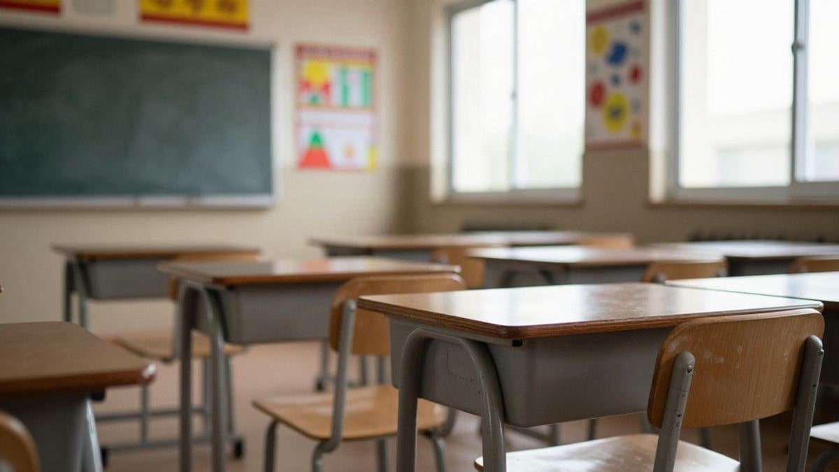 Imagen ilustrativa: fila de pupitres vacíos en un aula luminosa con pizarra al fondo