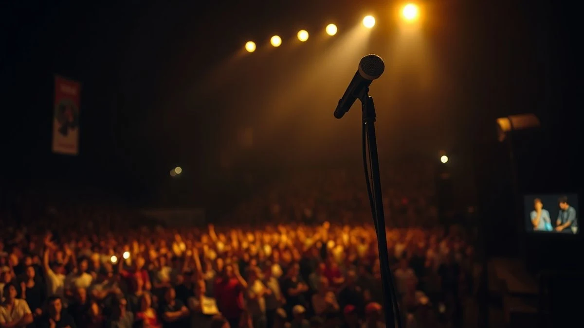 Escenario de concierto nocturno con micrófono en primer plano y multitud borrosa al fondo