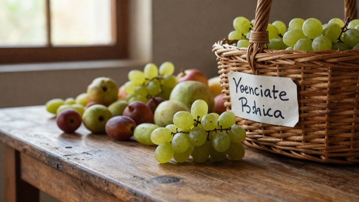 Imagen ilustrativa: mesa de madera con uvas y frutos variados junto a una cesta de mimbre