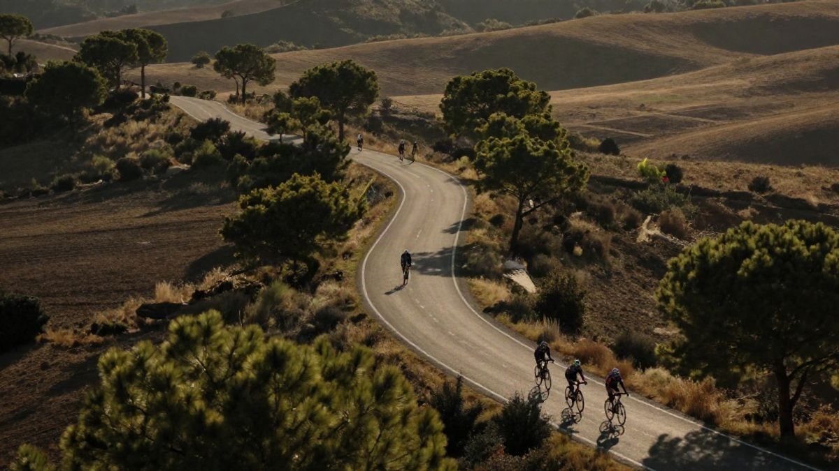 Imagen ilustrativa: carretera rural serpenteante con ciclistas de fondo bajo la luz del atardecer.
