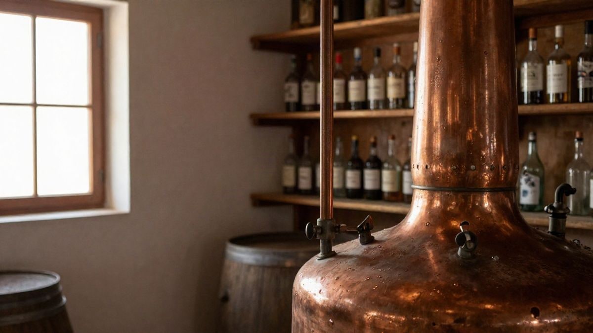 Imagen ilustrativa: alambique de cobre en una destilería artesanal con botellas sin etiquetar al fondo