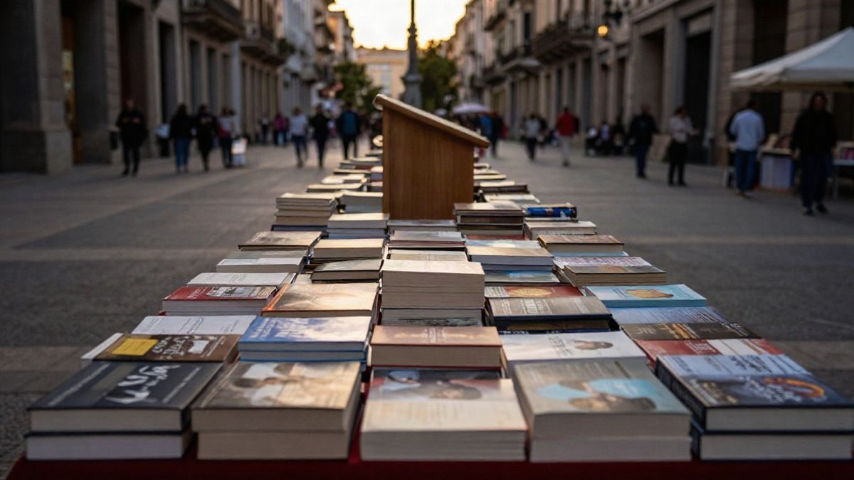 Imagen ilustrativa: mesa de presentación de libros en una plaza durante una feria del libro