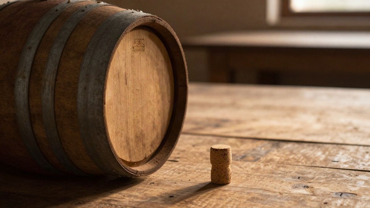 Imagen ilustrativa: detalle de duelas de madera de roble de barrica y un tapón de corcho sobre una mesa rústica al atardecer