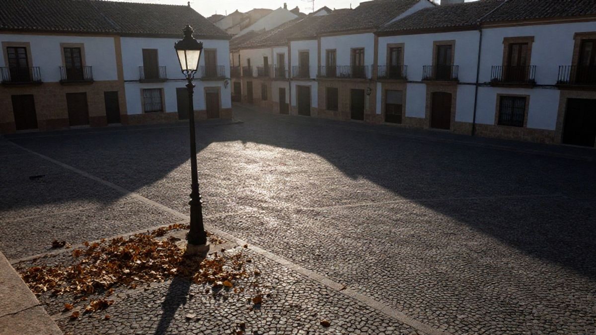 Imagen ilustrativa: plaza empedrada vacía al atardecer, con hojas secas y una farola de hierro proyectando sombras largas