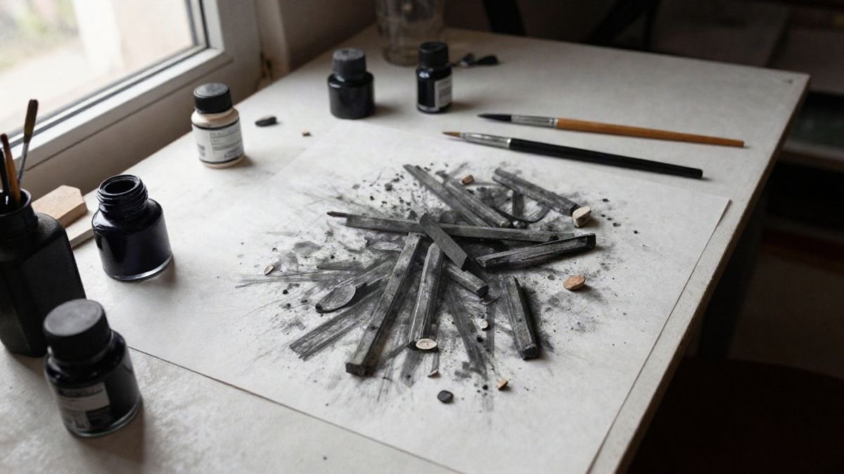 Imagen ilustrativa: mesa de trabajo de un taller de artista vista desde arriba, con carboncillos, tinteros y papel de boceto bajo luz natural