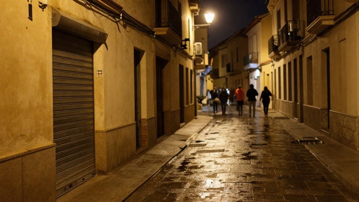Imagen ilustrativa: una calle residencial de noche iluminada por farolas, con una puerta cerrada con persiana metálica y el pavimento mojado