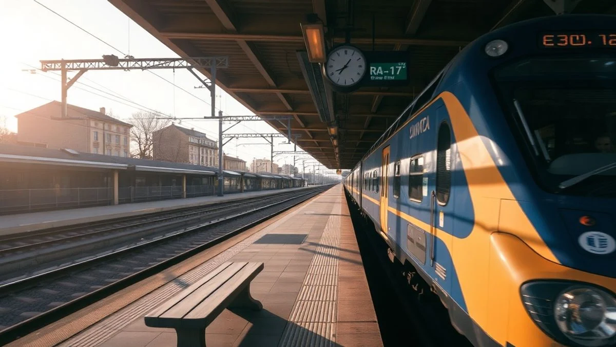 Imagen ilustrativa: un andén de estación de tren vacío con un reloj y luz de atardecer