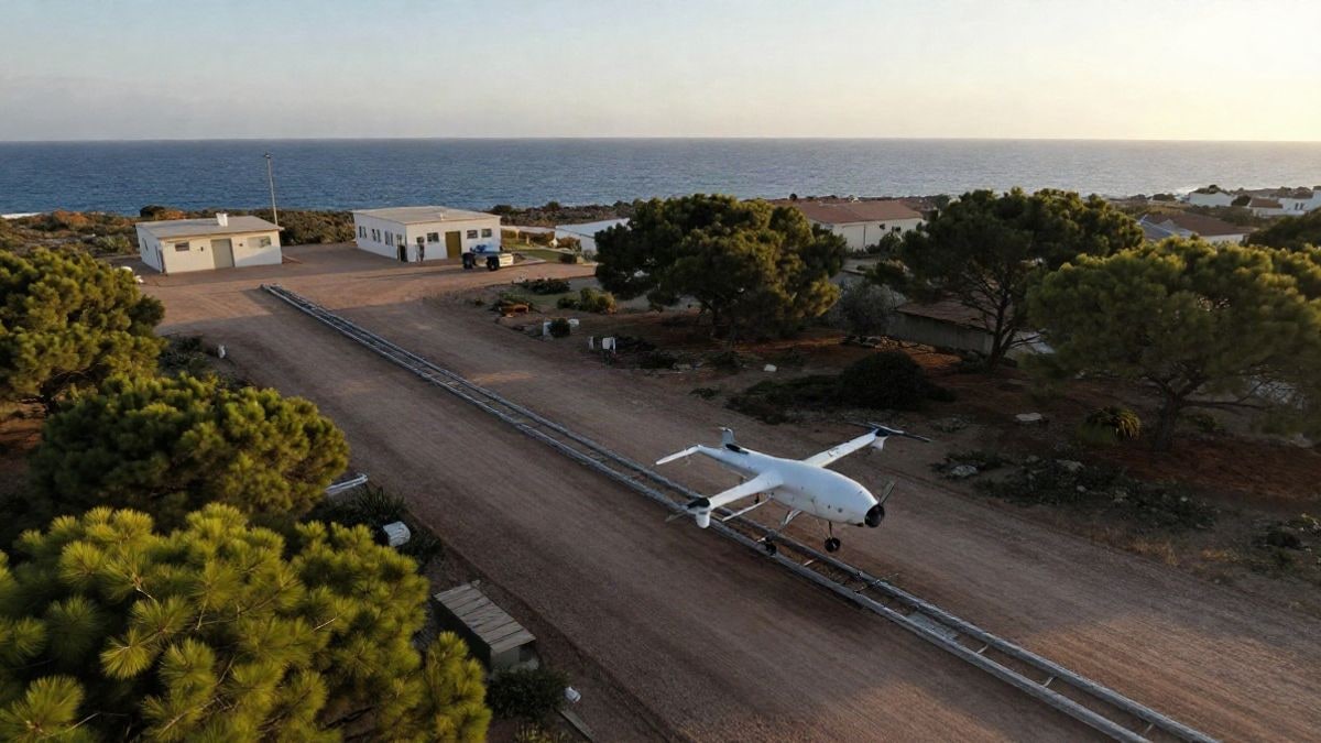Imagen ilustrativa: un dron blanco sobre una plataforma de lanzamiento en un campo de pruebas militar costero al atardecer.
