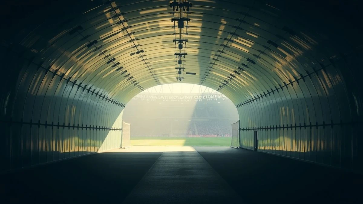Imagen ilustrativa: túnel de vestuarios de un estadio de fútbol vacío, con luz al final, estilo documental fotográfico.