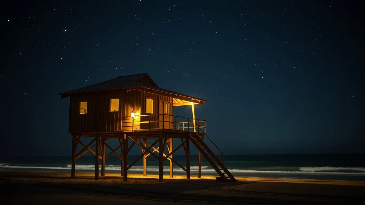 Imagen ilustrativa: una casa de madera sobre pilotes en una playa iluminada por faroles nocturnos, con el mar de fondo.