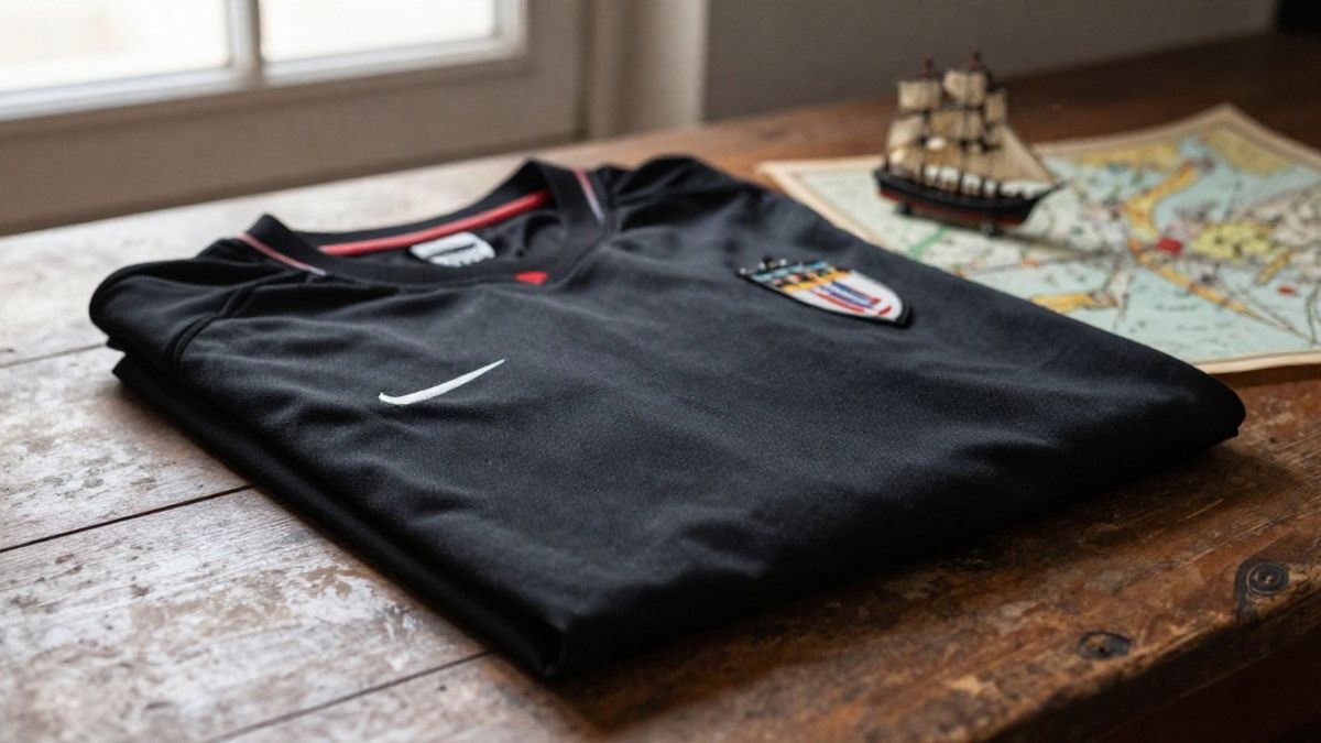 Imagen ilustrativa: camiseta negra doblada sobre una mesa de madera junto a una maqueta de carabela y un mapa antiguo