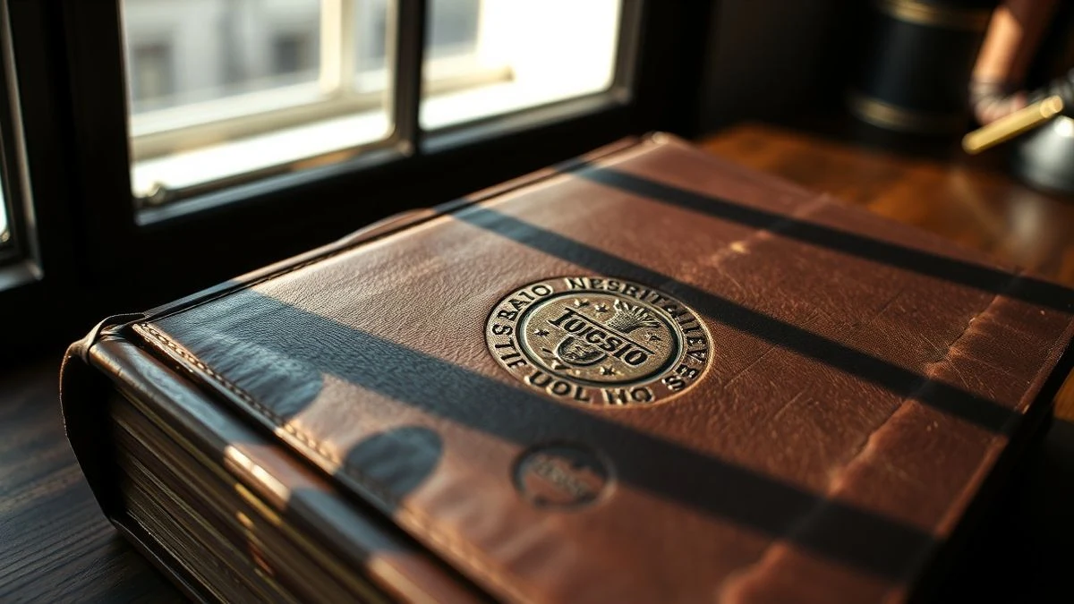 Primer plano de un libro antiguo con el sello universitario en la cubierta, sobre una mesa de madera, con luz natural suave