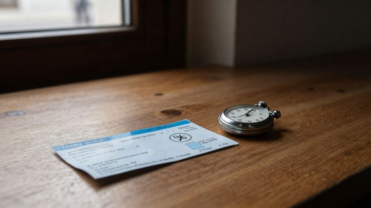 Imagen ilustrativa: mesa de madera con un billete de autobús y un cronómetro junto a una ventana con luz lateral