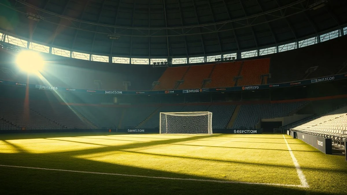 Interior de un estadio vacío con una portería de fútbol al fondo y luz de ventana lateral