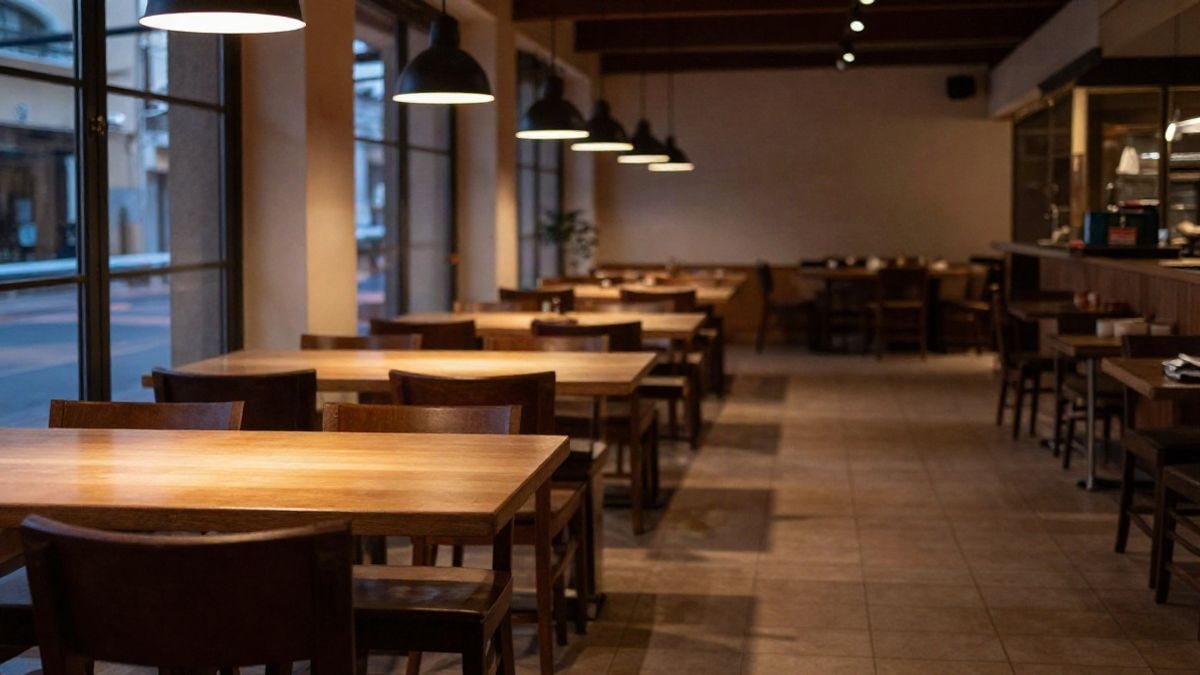 Imagen ilustrativa: interior de un restaurante vacío con mesas y sillas ordenadas al atardecer