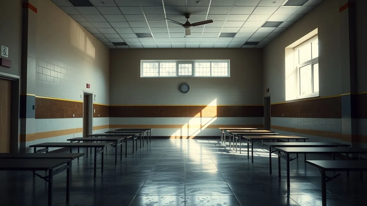 Interior de aula de academia de policía con pupitres y pizarra, iluminado por luz lateral