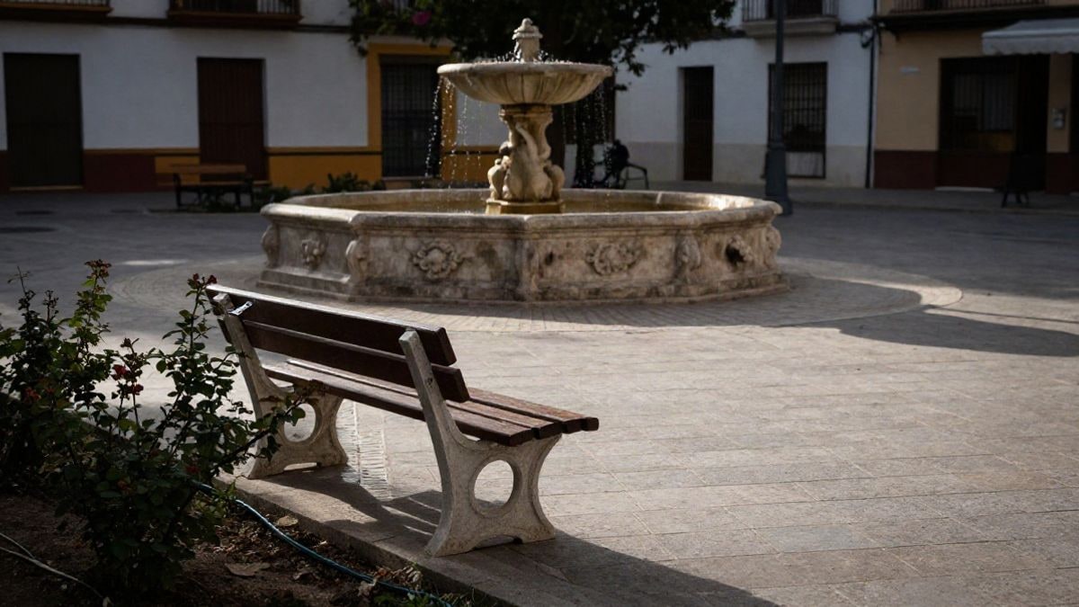 Imagen ilustrativa: fuente de piedra en una plaza de barrio con bancos nuevos y rosales al atardecer