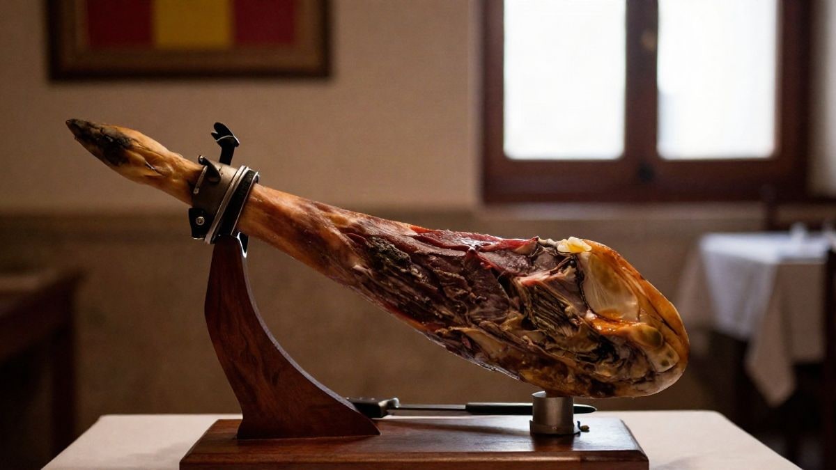 Imagen ilustrativa: pata de jamón ibérico sobre un soporte de madera junto a un cuchillo de cortar, con el fondo desenfocado.