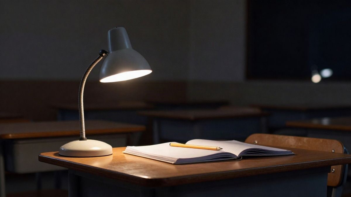 Imagen ilustrativa: pupitre de madera con cuaderno abierto bajo una lámpara cálida en un aula a oscuras