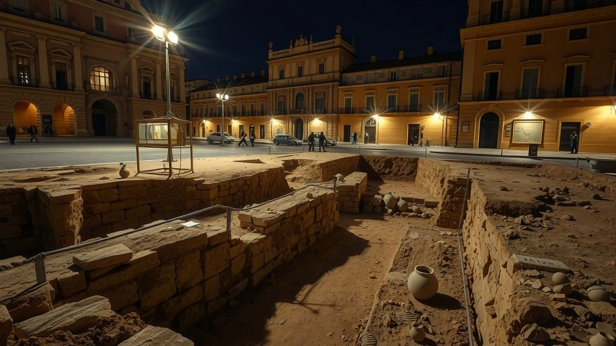 Excavación arqueológica nocturna en la plaza de la Vera Cruz con focos artificiales y restos de muros antiguos