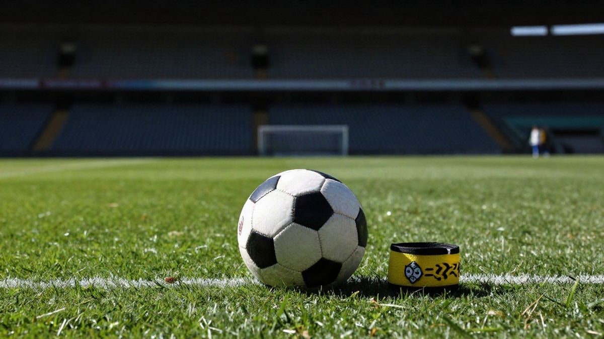 Imagen ilustrativa: un balón de fútbol y un brazalete de capitán sobre el césped de un estadio vacío.