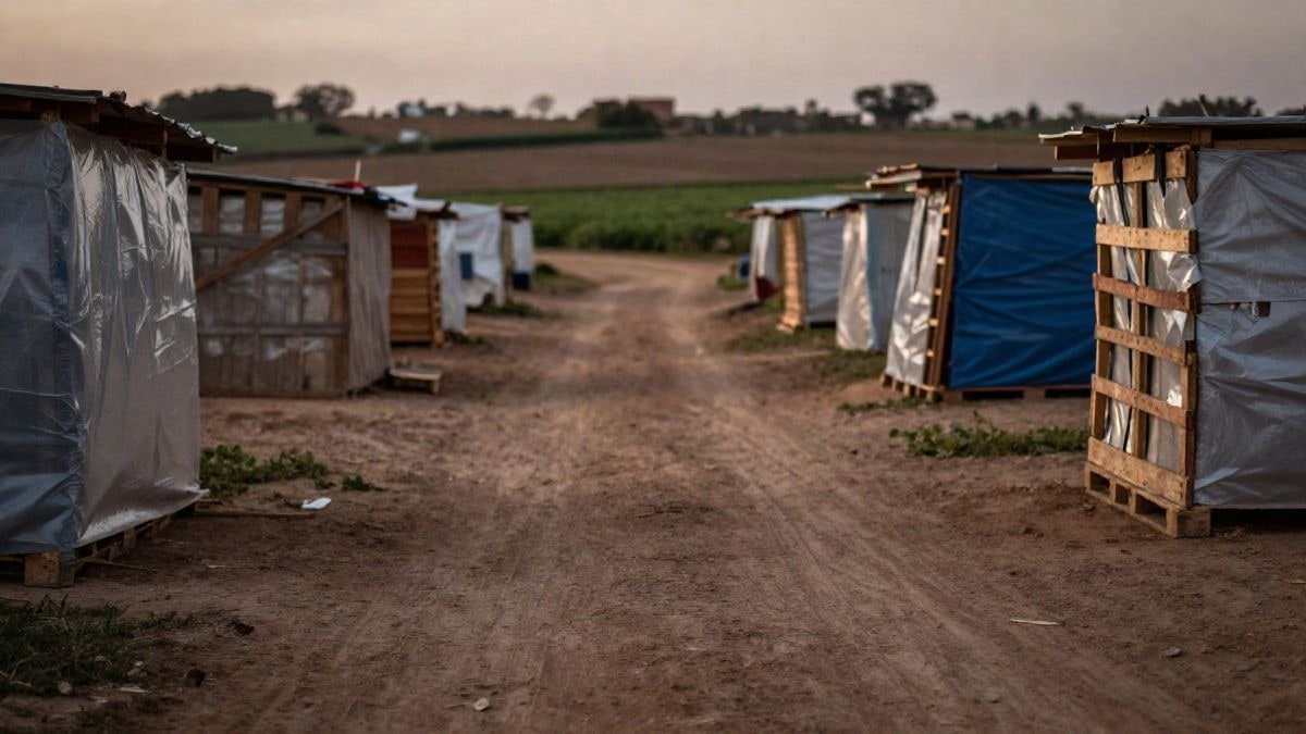 Imagen ilustrativa: camino de tierra entre construcciones precarias de plástico y madera al atardecer
