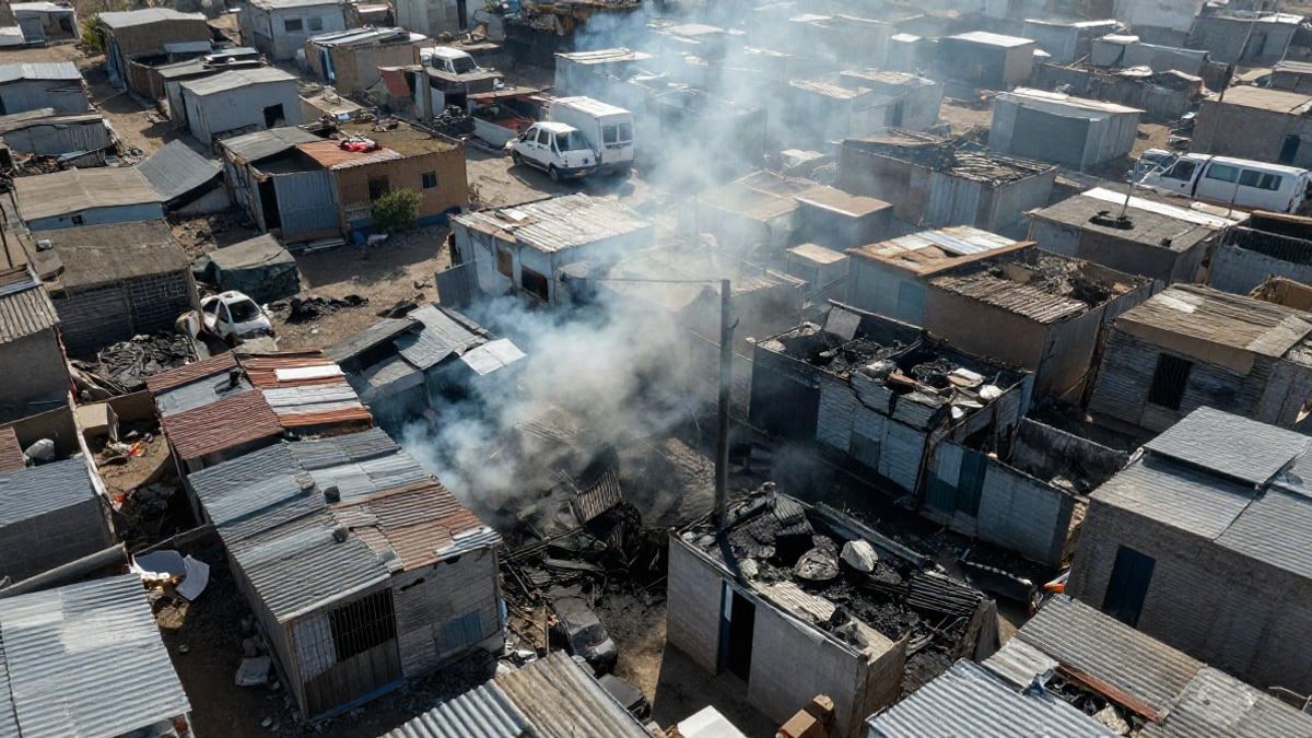 Imagen ilustrativa: vista aérea de un asentamiento de chabolas con estructuras precarias tras un incendio
