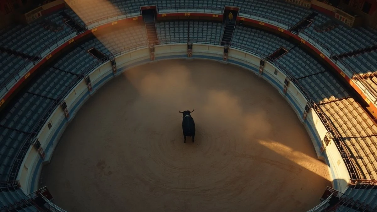 Imagen ilustrativa: vista cenital de un ruedo taurino vacío con un toro en la arena