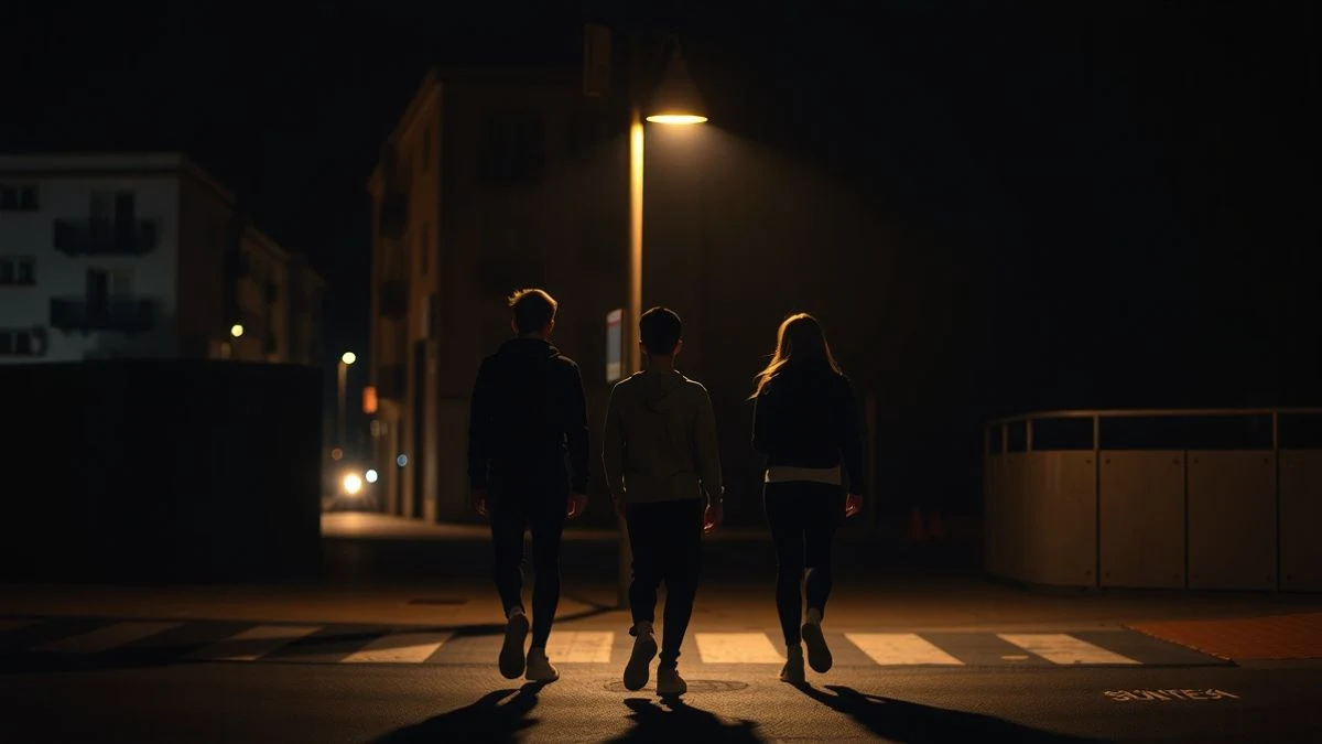 Imagen ilustrativa: una calle oscura iluminada por una farola al atardecer, con tres figuras de espaldas caminando