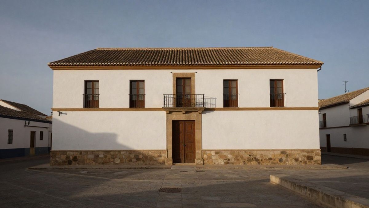 Imagen ilustrativa: fachada sencilla de un edificio municipal rural al atardecer, con una puerta de madera cerrada y una escalera de piedra vacía
