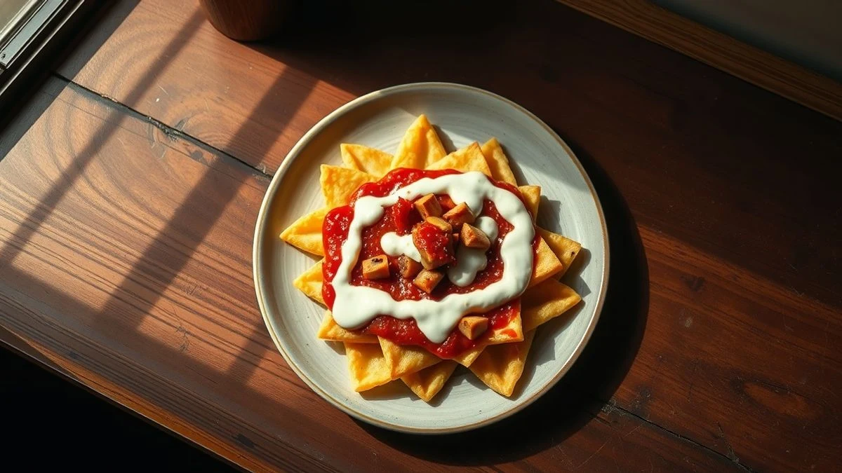 Imagen ilustrativa: plato de patatas bravas con salsa de alioli y picante visto desde arriba sobre mesa de madera