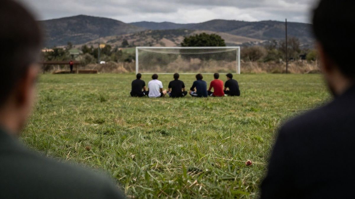 Imagen ilustrativa: niños de espaldas sentados en el césped de un campo de fútbol rural durante una charla
