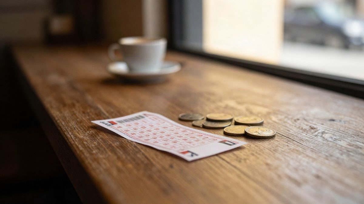 Imagen ilustrativa: boleto de lotería y monedas sobre una barra de madera de un bar, con luz dorada de ventana
