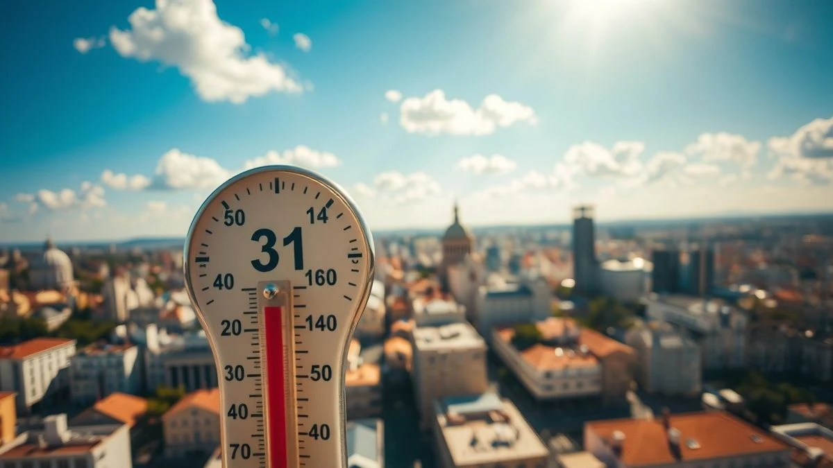 Imagen ilustrativa: vista cenital de una ciudad soleada con un termómetro marcando 31 grados en primer plano