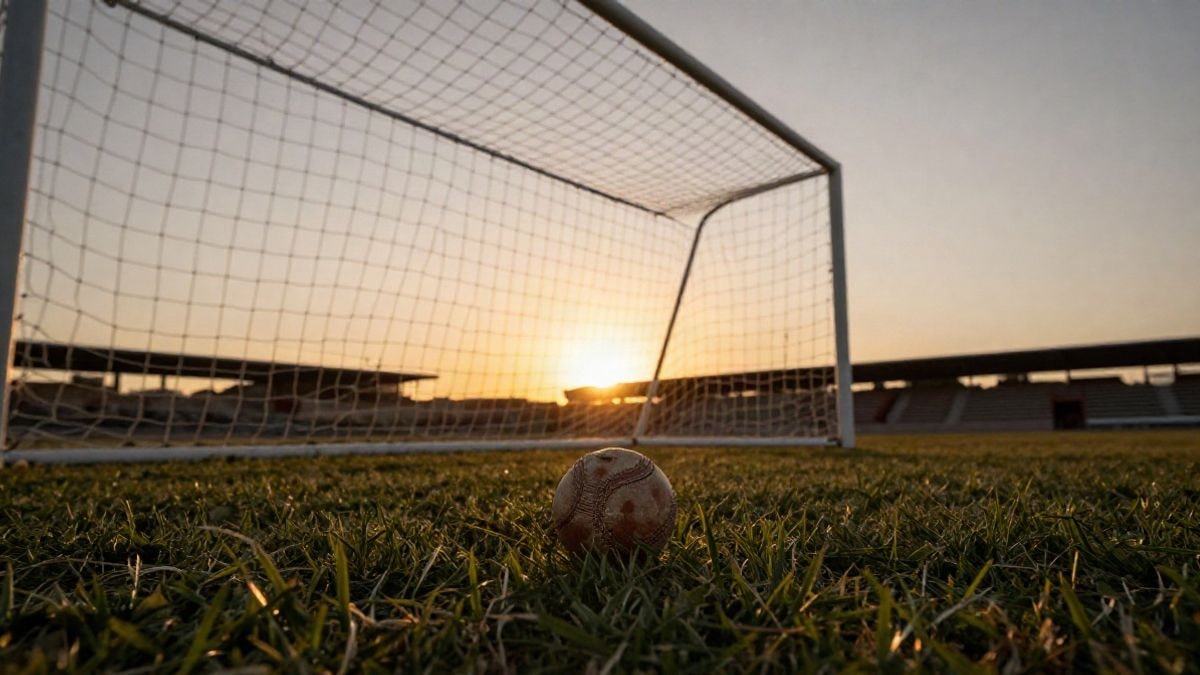 Imagen ilustrativa: balón de fútbol sobre el césped de un campo municipal al atardecer