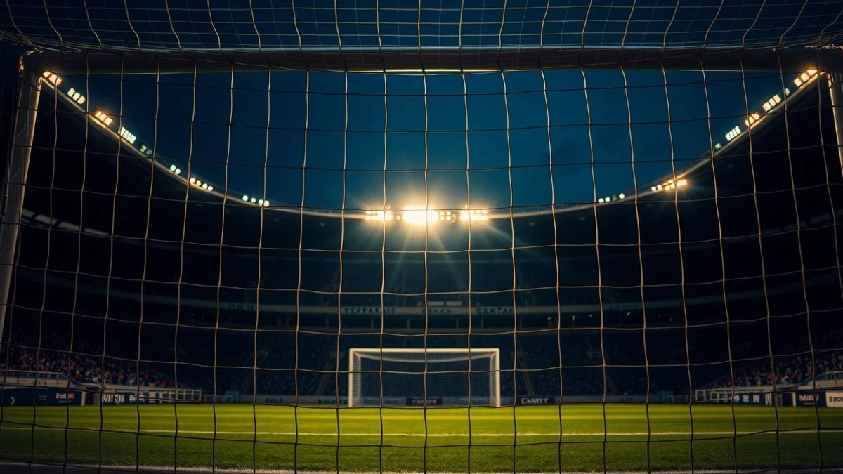 Vista trasera de una portería de fútbol con red, al atardecer, en un estadio vacío con gradas de fondo.