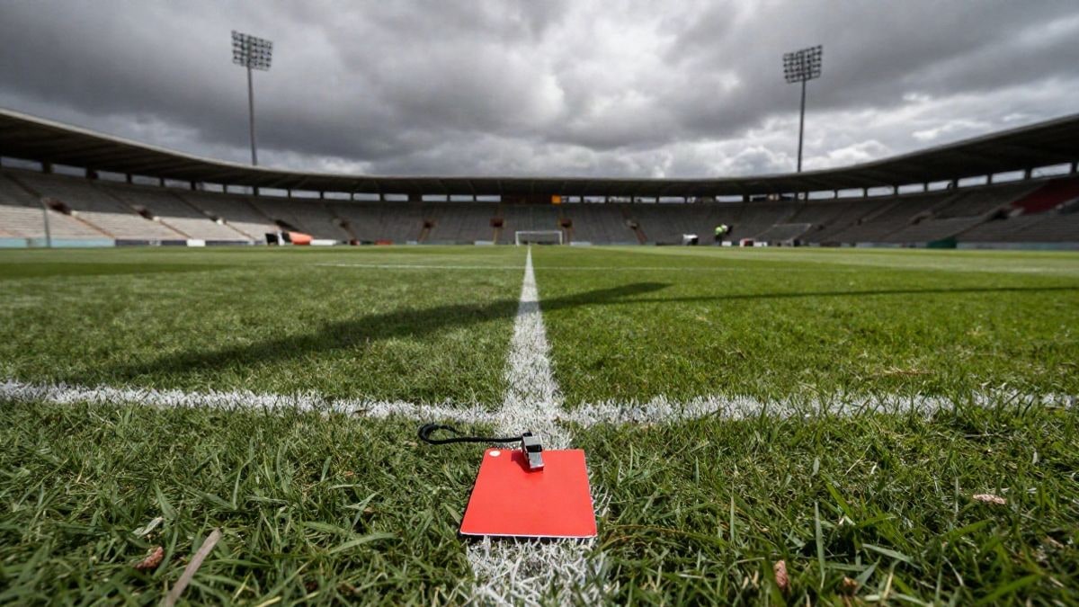 Imagen ilustrativa: un silbato y una tarjeta roja sobre el césped de un estadio vacío, con las gradas al fondo.