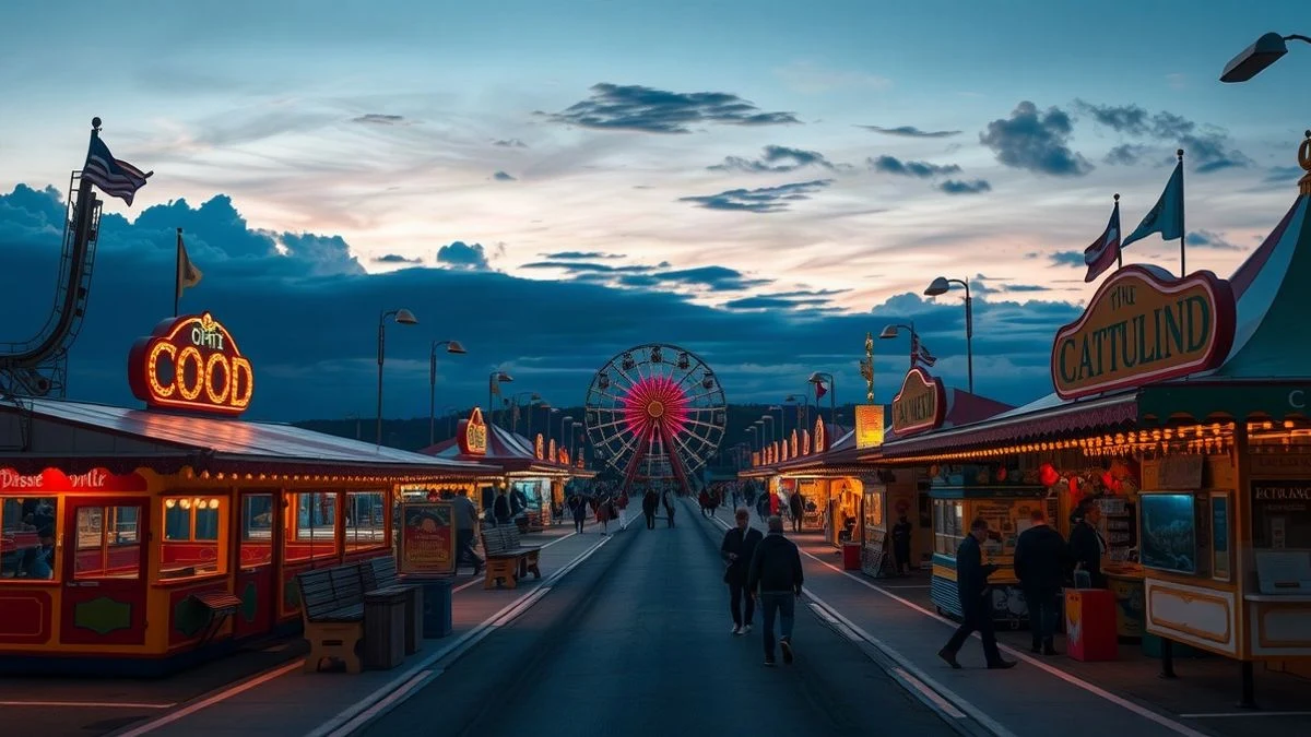 Imagen ilustrativa: recinto ferial vacío al atardecer, con luces de colores y noria al fondo