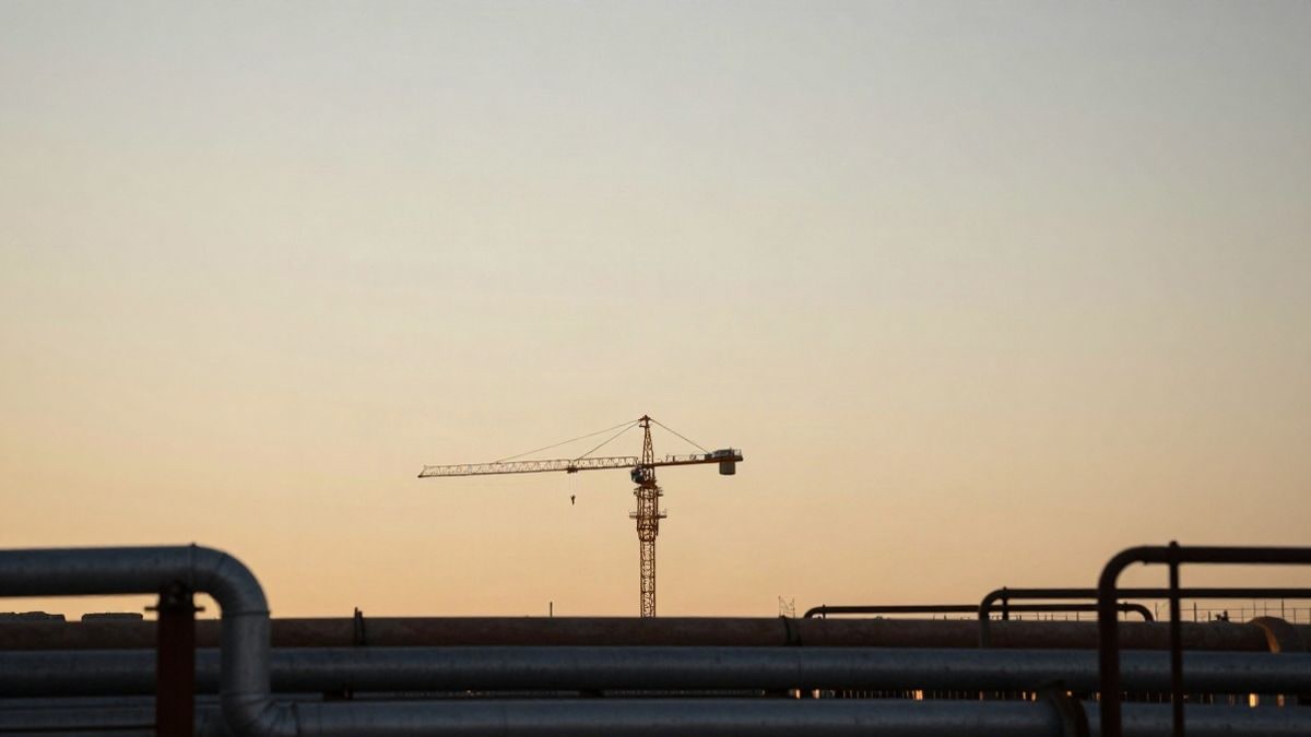 Imagen ilustrativa: grúa y estructuras industriales en un horizonte amplio al atardecer
