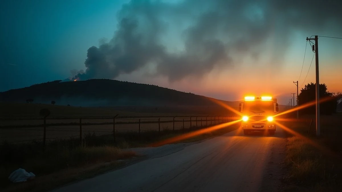 Imagen ilustrativa: un paisaje rural al atardecer con humo en una colina y un camión de bomberos con luces en una carretera de tierra.