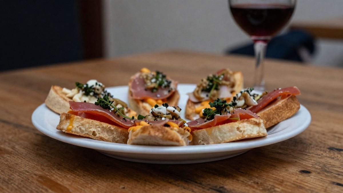 Imagen ilustrativa: primer plano de una mesa con platos de tapas y una copa de vino
