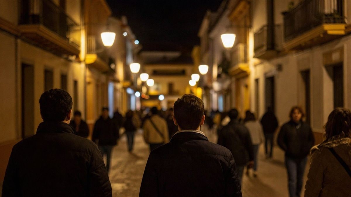 Imagen ilustrativa: personas mayores de espaldas sentadas en círculo en un salón comunitario iluminado por la noche