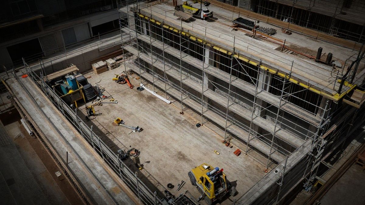 Imagen ilustrativa: vista cenital de un edificio público en obras con andamios y herramientas