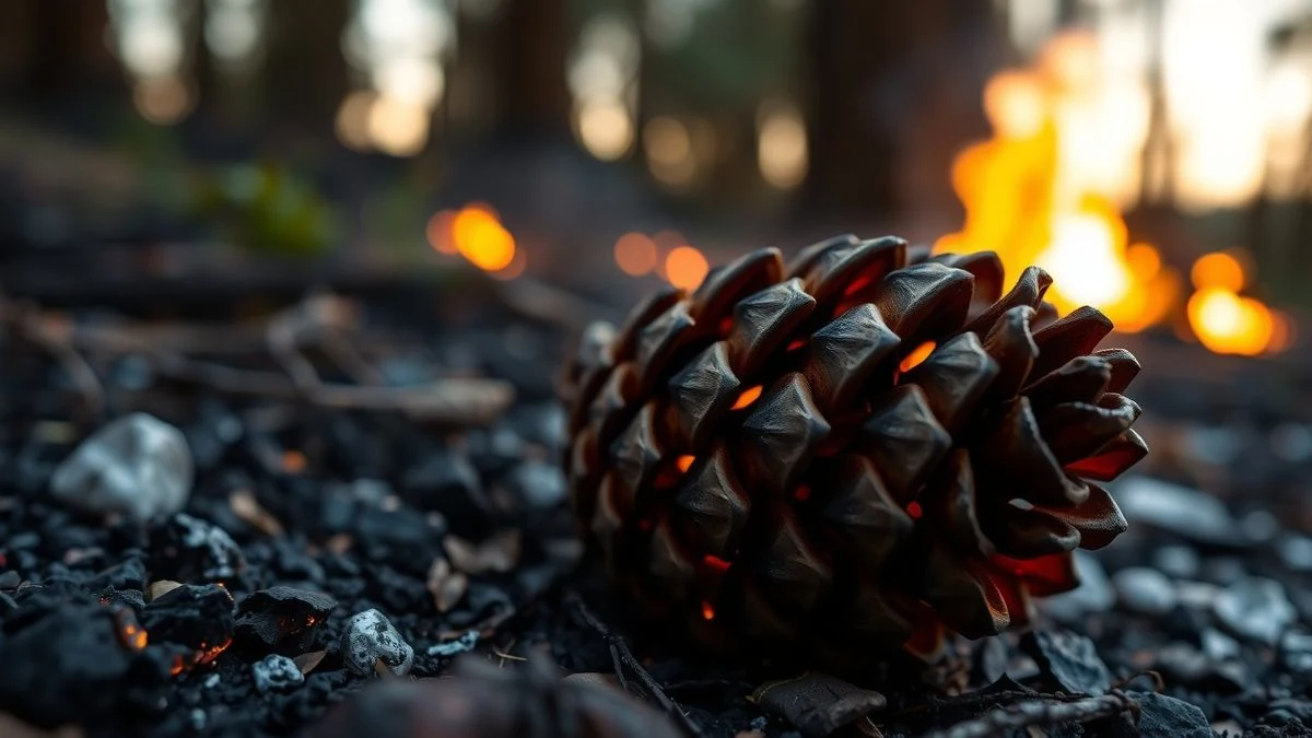 Imagen ilustrativa: una piña carbonizada en el suelo de un bosque quemado, con cenizas y rescoldos al fondo