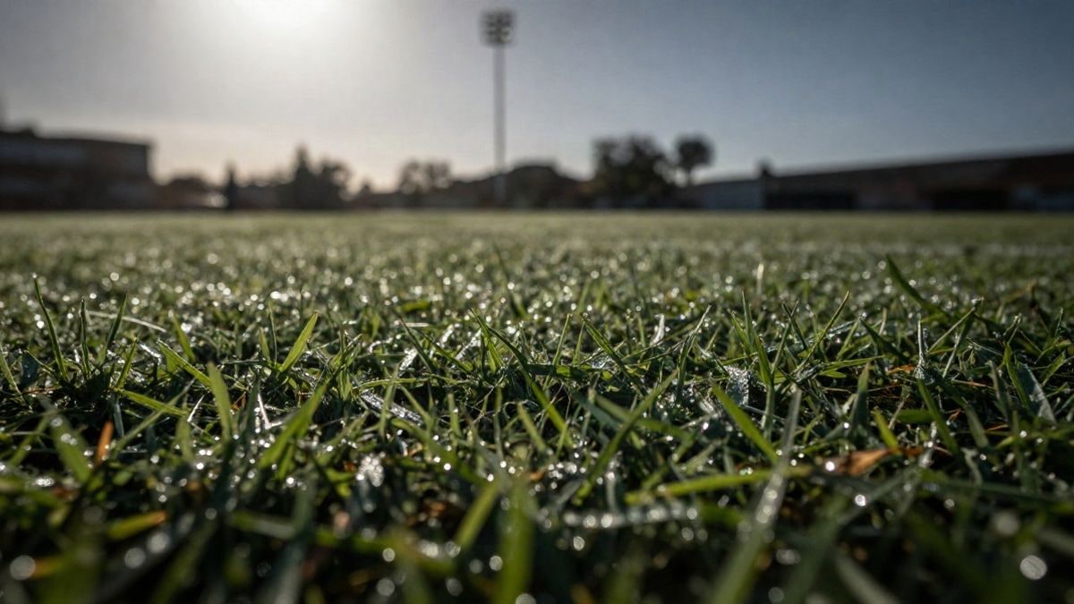 Imagen ilustrativa: detalle de hierba recién cortada con rocío sobre un campo de fútbol al amanecer.