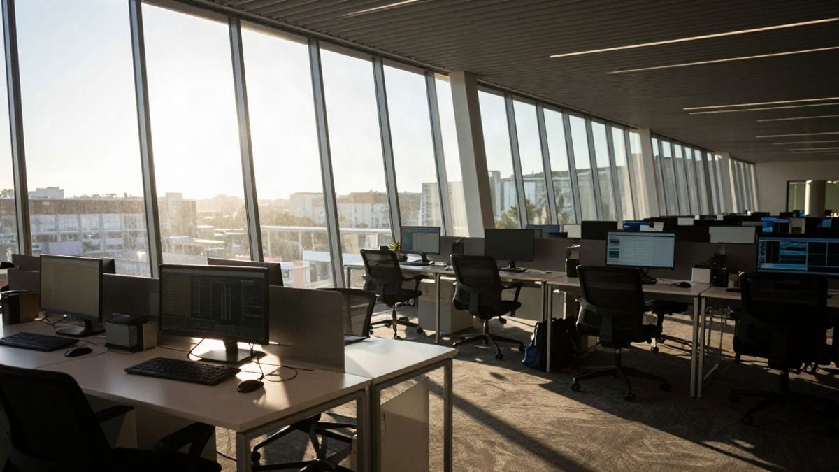 Imagen ilustrativa: interior de un espacio corporativo moderno con mesas y pantallas, sin personas