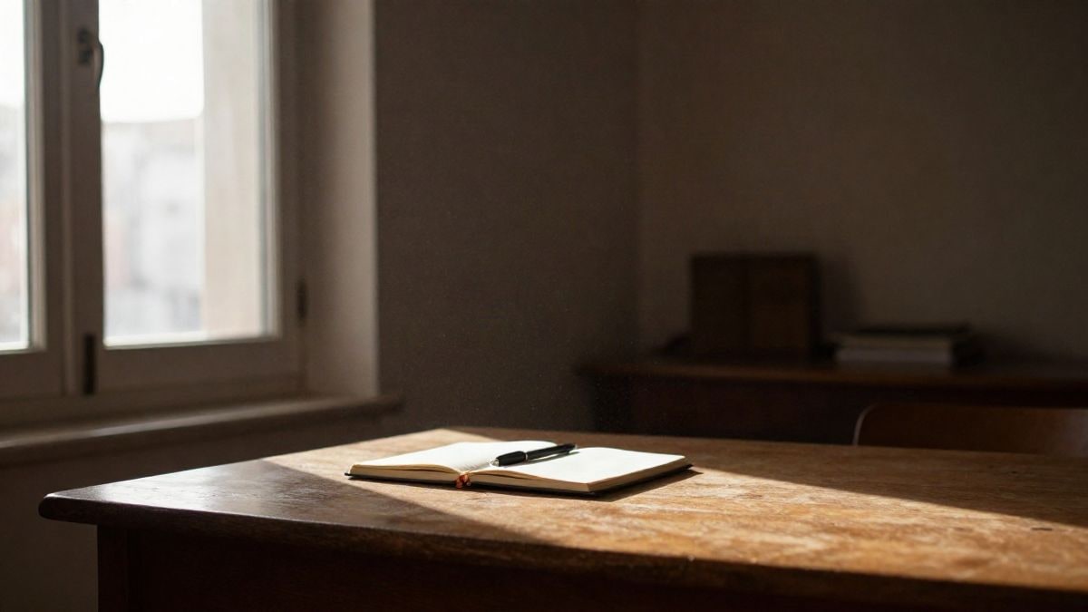 Imagen ilustrativa: escritorio de madera vacío junto a una ventana alta con luz lateral suave