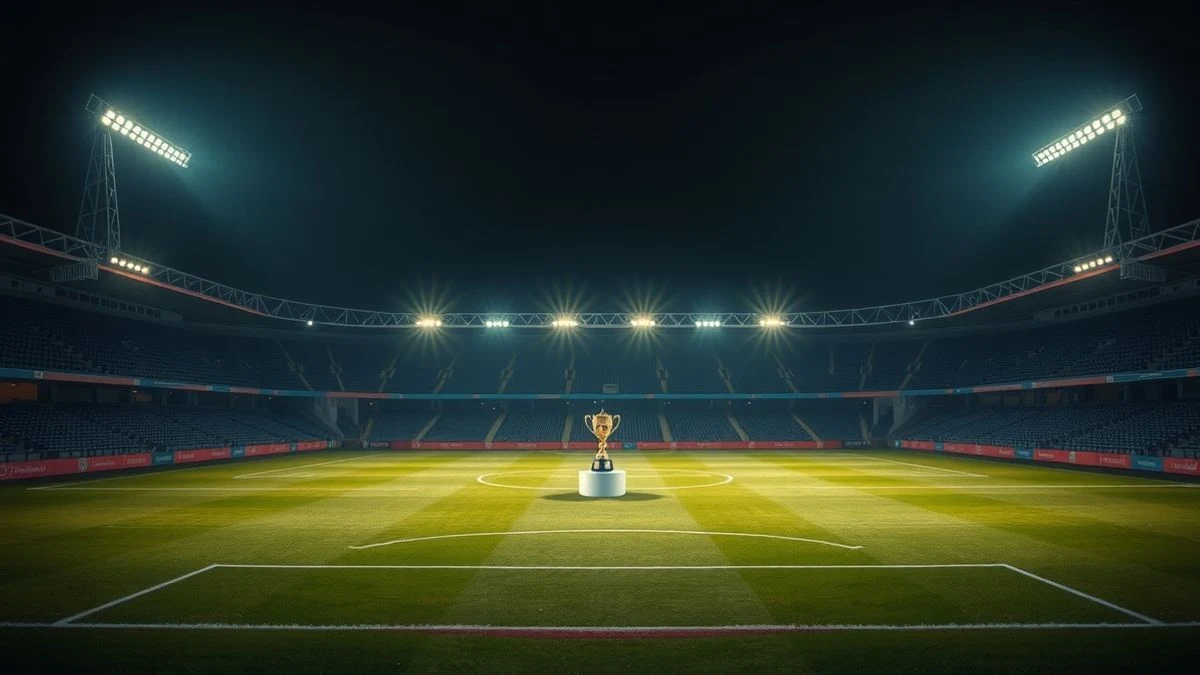 Imagen ilustrativa: un estadio de fútbol vacío iluminado por focos, con un trofeo sobre un pedestal en el centro del campo.