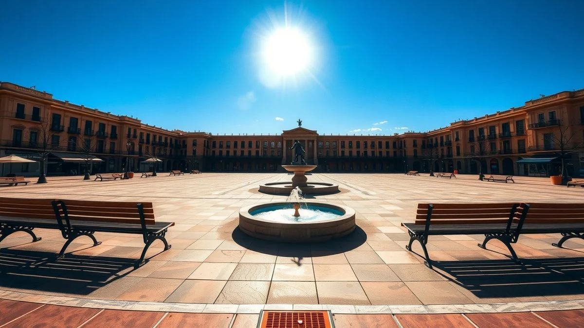 Plaza soleada de Huelva con fuente y cielo despejado